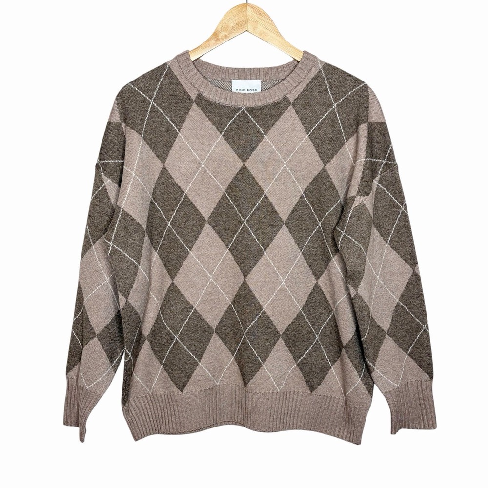 Pink Rose Argyle Sweater Brown Tan Womens M Preppy Academia Heritage Old Money